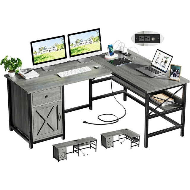 Catrimown 63" Grey L Shaped Desk, Reversible Computer Desk with