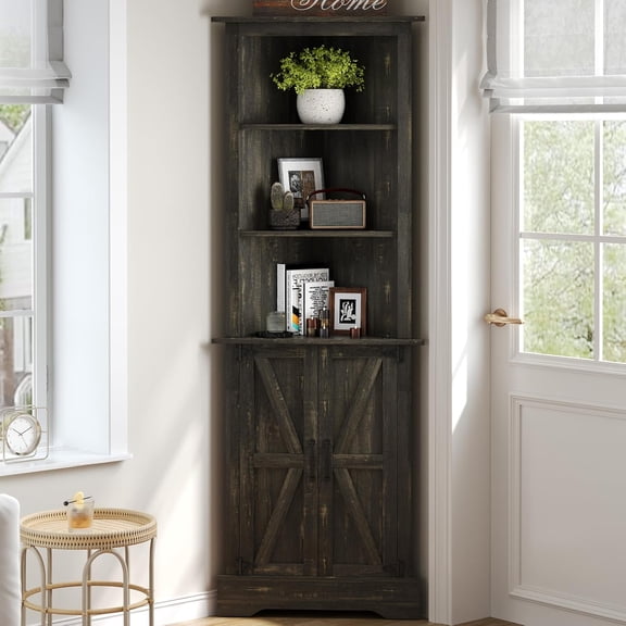 Catrimown 68 Inch Rustic Oak Farmhouse Corner Cabinet with Barn Doors & 5-Tier Adjustable Shelves for Small Spaces