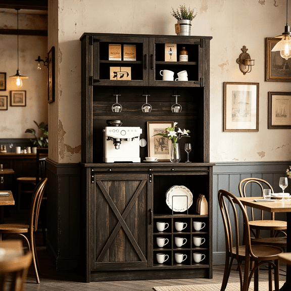 Catrimown 72 Inch Oak Farmhouse Coffee Bar Cabinet with Hutch, sliding barn door design with ample storage, tall buffet cabinet perfect for living and dining room
