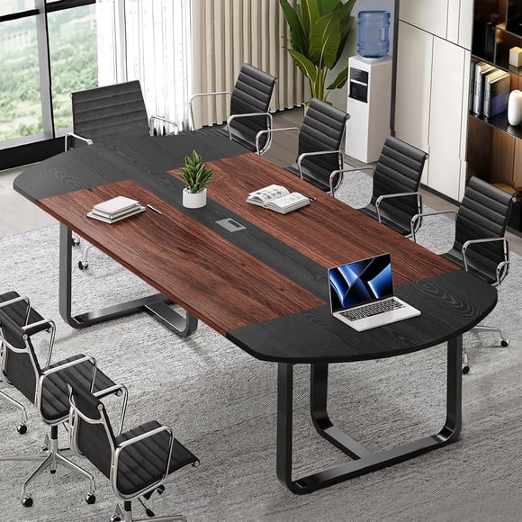 Catrimown 8FT Boat Shaped Conference Table for 10 People, 94.5L47.3W29.5H Inch Heavy Duty Meeting Table with Cable Grommet, Modern Executive Table for Office Conference Room Party, Black & Walnut