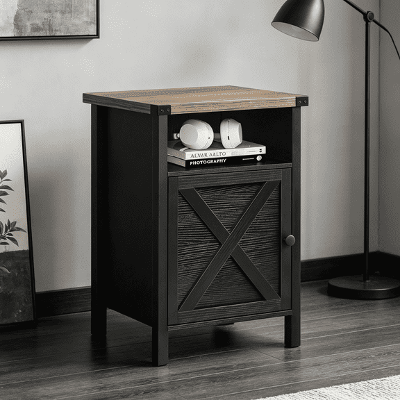 Catrimown Black Farmhouse Nightstand, Side End Table with Barn Door and Shelf, Rustic Modern Bedside Table for Bedroom Living Room
