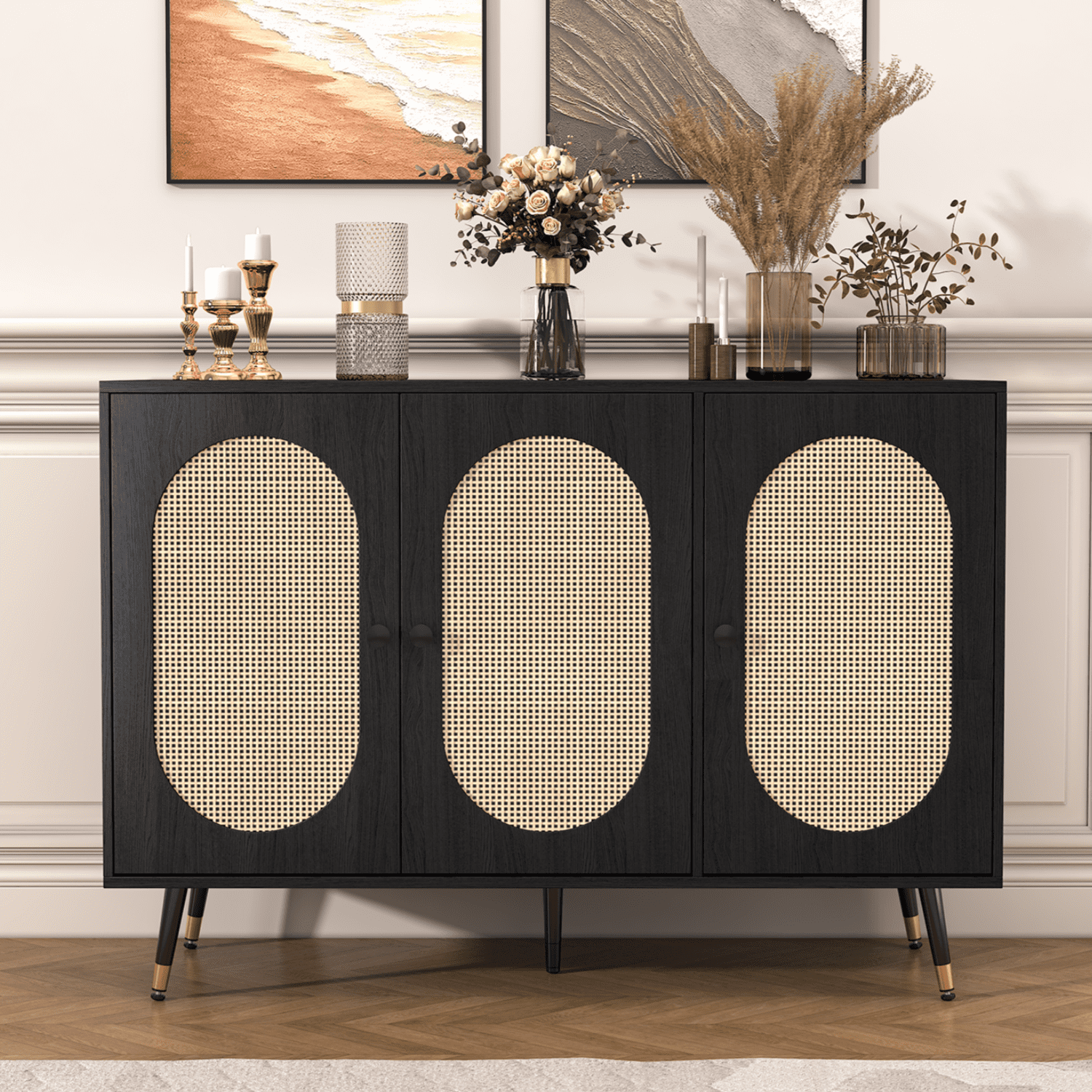 Catrimown Black Rattan Buffet Sideboard Storage, Living Room