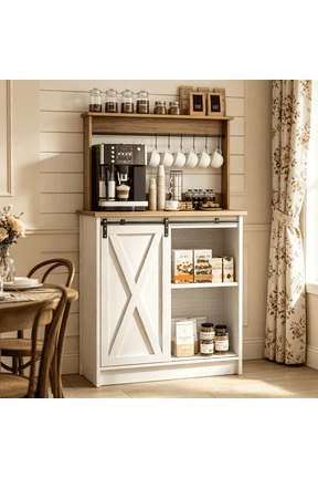 Coffee Bar Cabinet, Barn Door Sideboard Buffet Cabinet with Storage, White