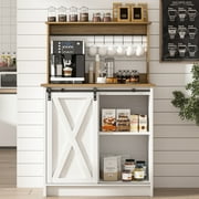 Catrimown Coffee Bar Cabinet, Barn Door Sideboard Buffet Cabinet with Storage, White