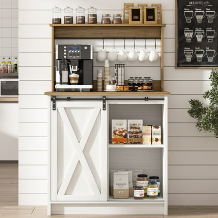 Catrimown Coffee Bar Cabinet, Barn Door Sideboard Buffet Cabinet with Storage, White