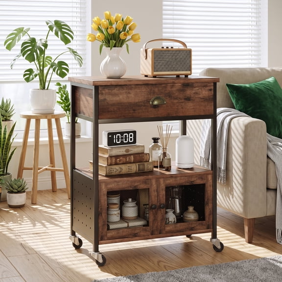 Catrimown Coffee Cart, Coffee Bar Microwave Cart with Storage, Coffee Cart Station, Standing,Rustic Brown