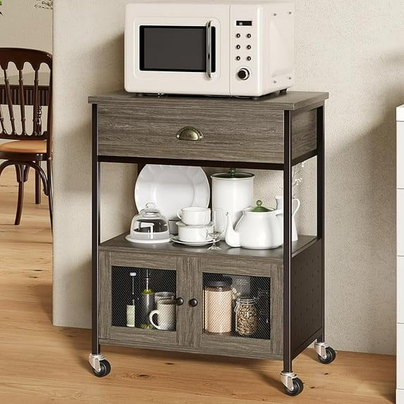 Catrimown Coffee Cart, Coffee Bar Microwave Cart with Storage, Coffee Cart Station, Wash Grey