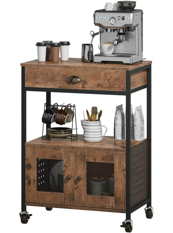 Catrimown  Coffee Cart, Rolling Kitchen Cart, Microwave Cart Microwave Stand, Coffee Station, Brown
