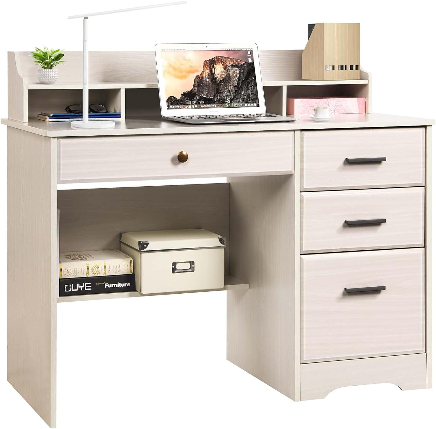Catrimown Computer Desk with 4 Drawers and Hutch, Home Office White