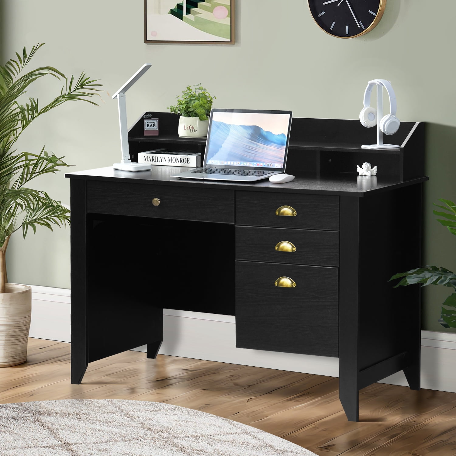 Catrimown Computer Desk 47.5 in Desk with 4 Drawers Home Office Desk with Monitor Stand Matte Black