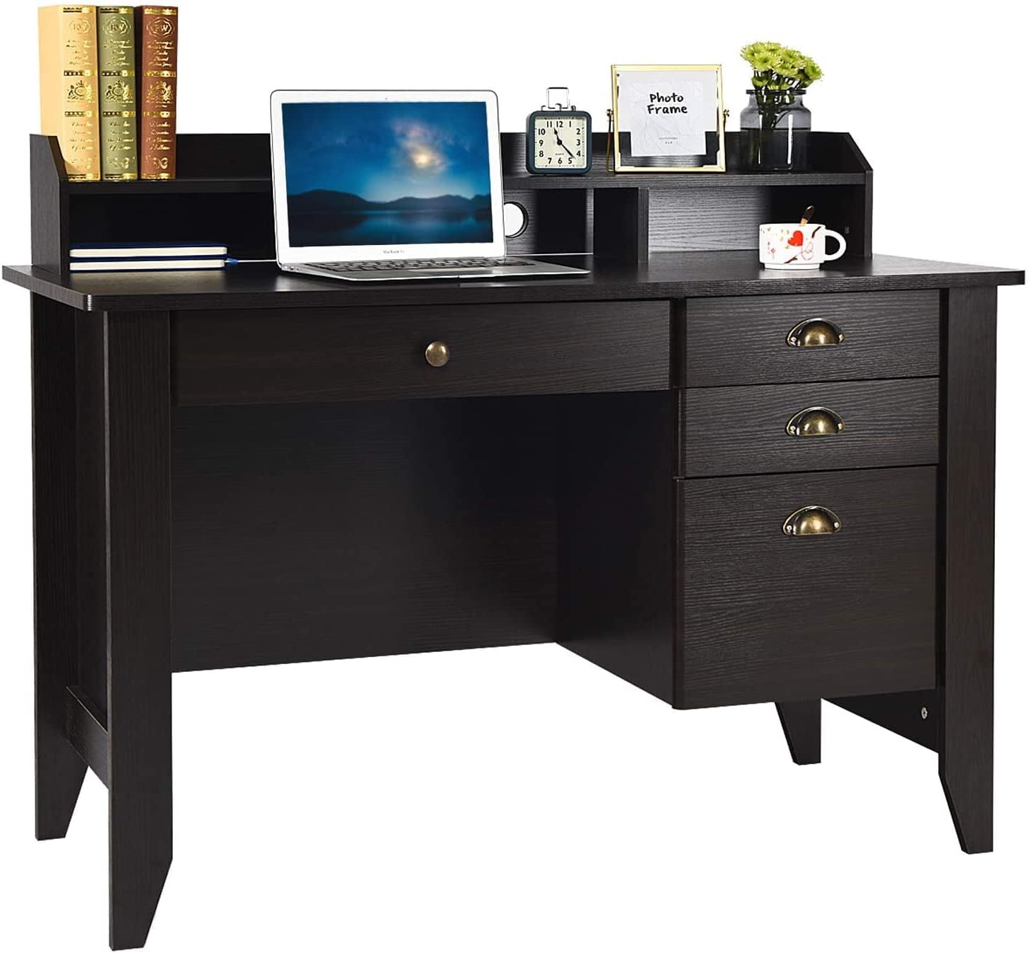 Catrimown Computer Desk with 4 Storage Drawers and Shelves, White Farmhouse  Office Desk for Bedroom Teens Writing Desk, Executive Desks for Home