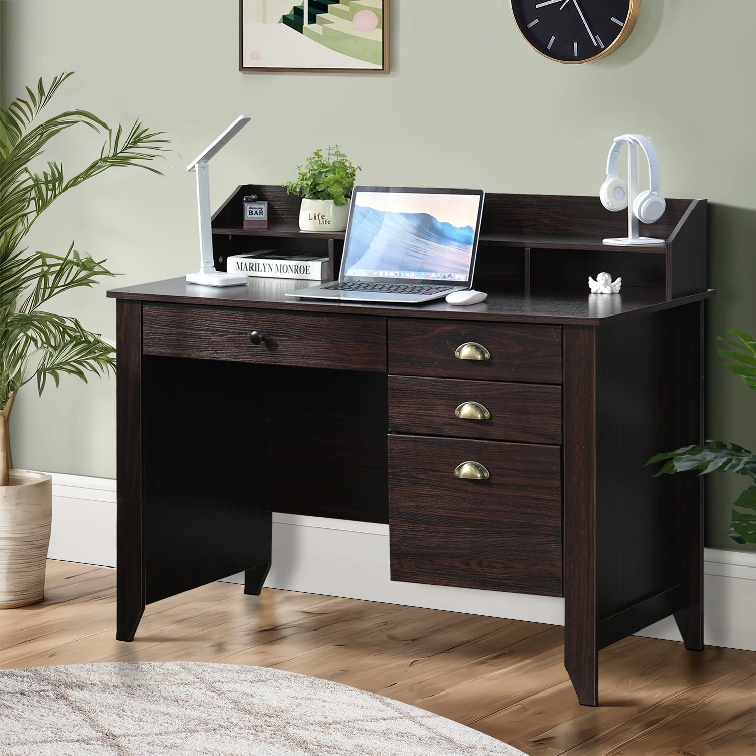Catrimown Computer Desk 47.5 in Wood Home Office Desk with Hutch and 4 Drawers Monitor Stand Espresso Brown
