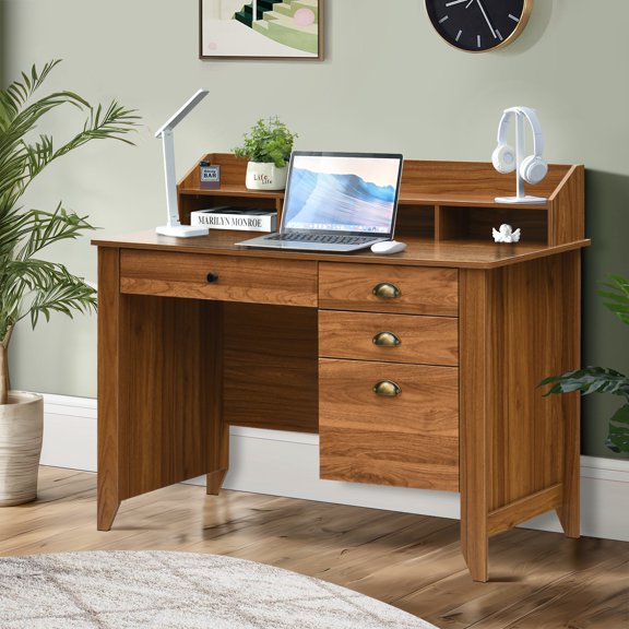 Catrimown Computer Desk, 47.5 in Wood Home Office Desk with Hutch and 4 Drawers, Monitor Stand, Rustic Brown