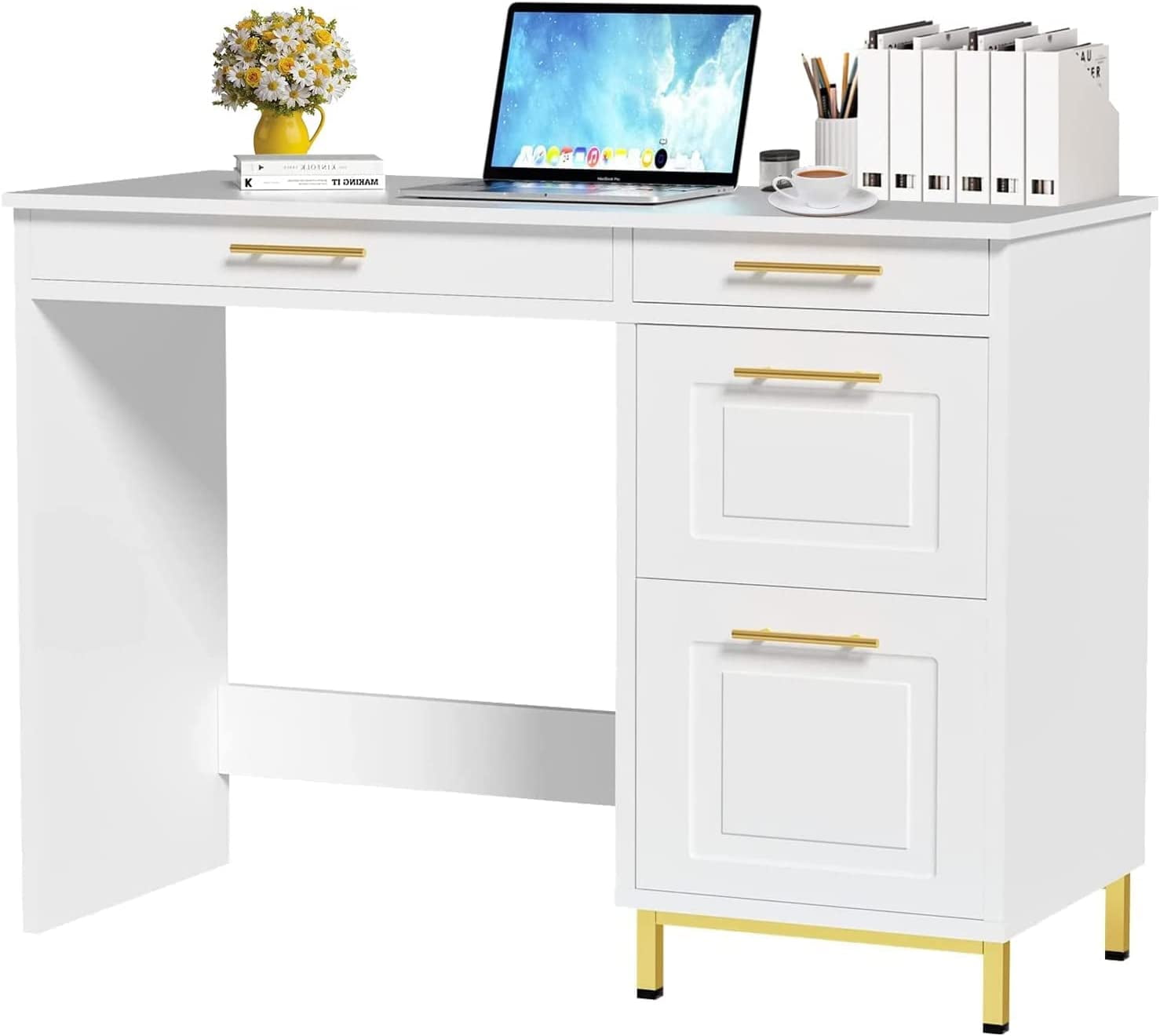 Catrimown Computer Desk, Modern White And Gold Desk With 4 Drawers, Wood  Home Office Study Working Desk, White - Walmart.Com