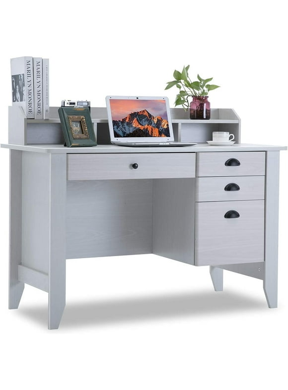 Catrimown Computer Desk with Drawers, 47.5 in White Desk with 4 Drawers, Home Office Desk with Monitor Stand, White