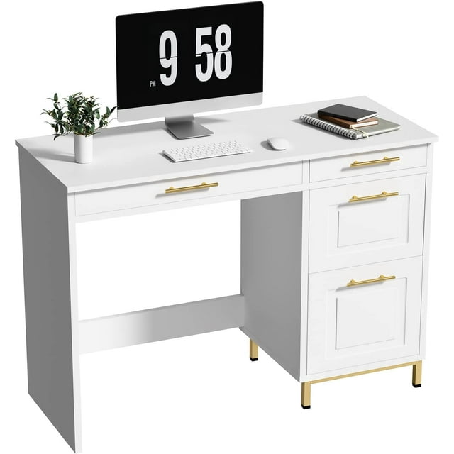 Catrimown Computer Desk with Drawers, White Desk with 4 Drawers, Home