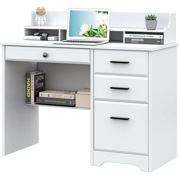 Catrimown Computer Desk with Drawers, White Desk with Storage, Home Office Desk with Monitor Stand, Student Writing Desk, White