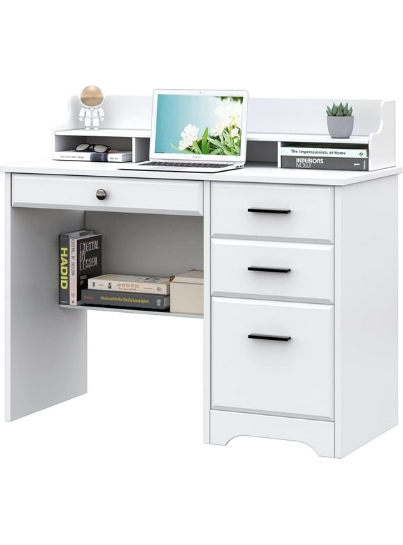 Catrimown Computer Desk with Drawers, White Desk with Storage, Home Office Desk with Monitor Stand, Student Writing Desk, White