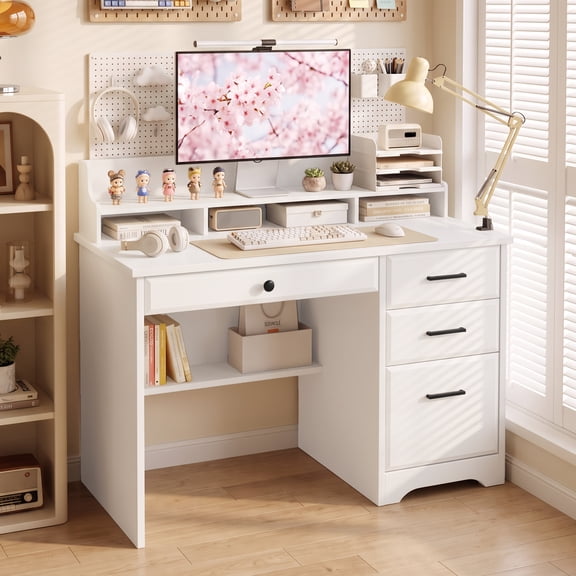 Catrimown Computer Desk with Drawers, White Desk with Storage, Home Office Desk with Monitor Stand, Student Writing Desk, White