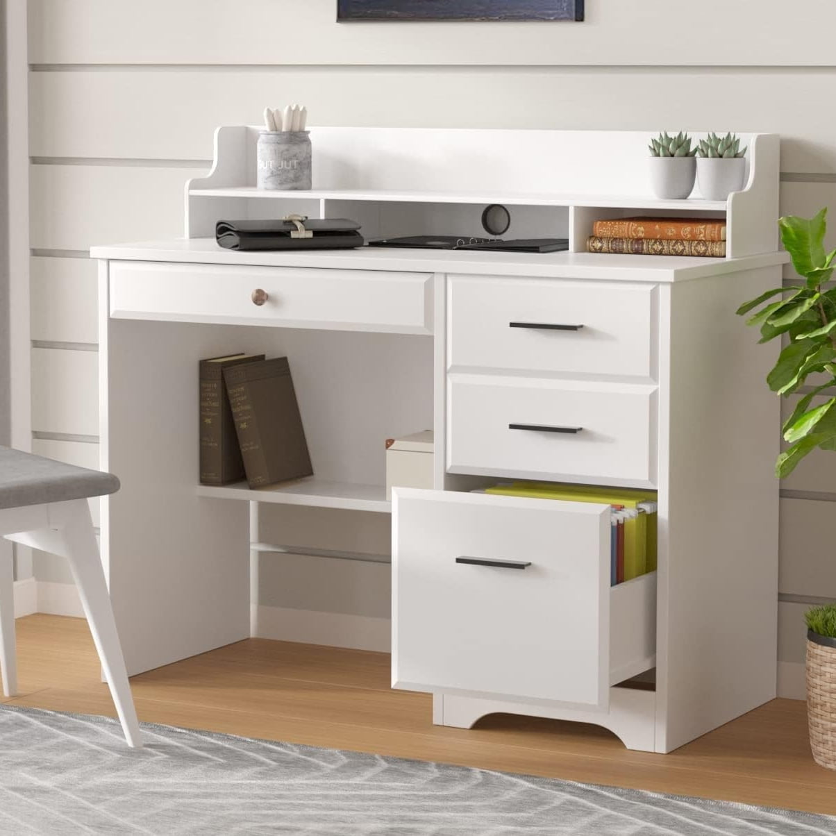 Catrimown Computer Desk with Drawers White Desk with Storage Home Office Desk with Monitor Stand Student Writing Desk White