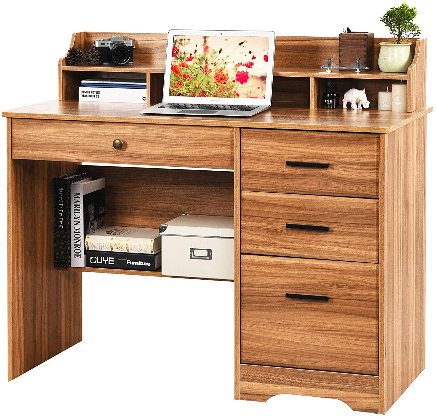 Catrimown Computer Desk with 4 Storage Drawers and Shelves, White Farmhouse  Office Desk for Bedroom Teens Writing Desk, Executive Desks for Home