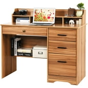 Catrimown Computer Desk with Drawers, Wood Home Office Desk with Storage Shelves, PC Desk with Monitor Stand, Rustic Brown