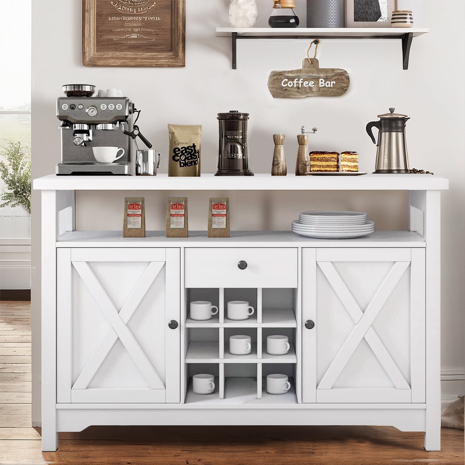 Catrimown Farmhouse Coffee Bar Cabinet, 47" Sideboard Buffet Cabinet with Barn Door, Home Wine Bar Cabinet with Removable Wine Rack, White