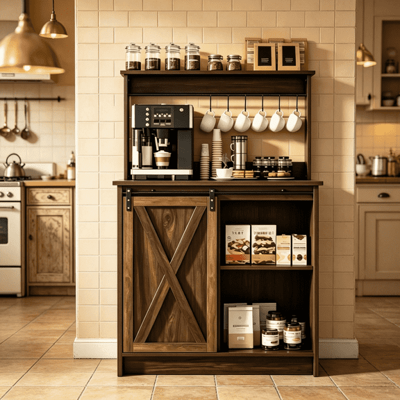 Catrimown Farmhouse Coffee Bar Cabinet, Sideboard Buffet Cabinet with Storage and Shelf, Dark Oak
