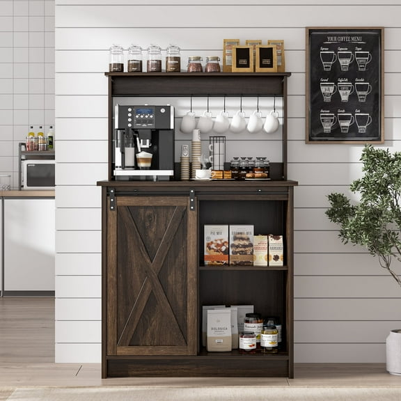 Catrimown Farmhouse Coffee Bar Cabinet, Sideboard Buffet Cabinet with Storage and Shelf, Dark Oak