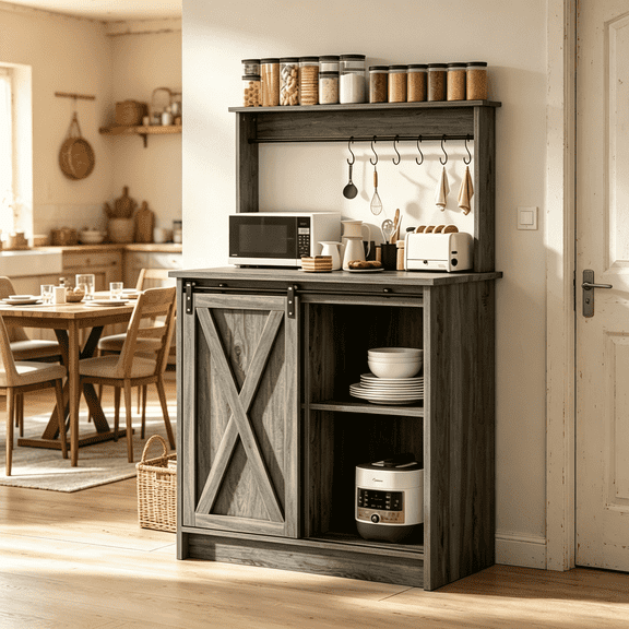 Catrimown Farmhouse Coffee Bar Cabinet, Sideboard Buffet Cabinet with Storage and Shelf, Wash Gray