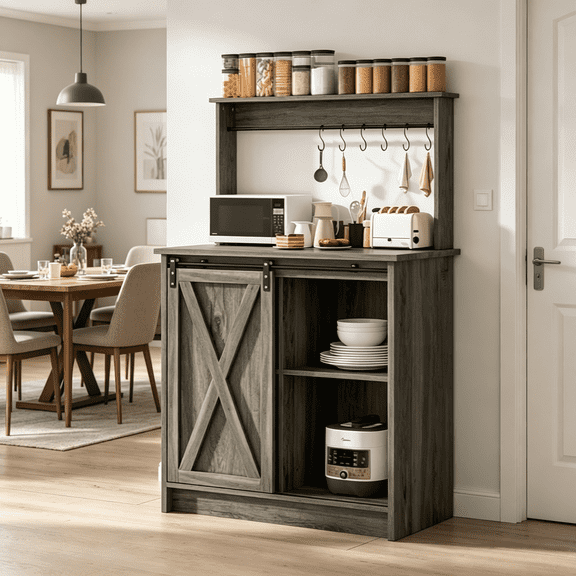 Catrimown Farmhouse Coffee Bar Cabinet, Sideboard Buffet Cabinet with Storage and Shelf, Wash Gray
