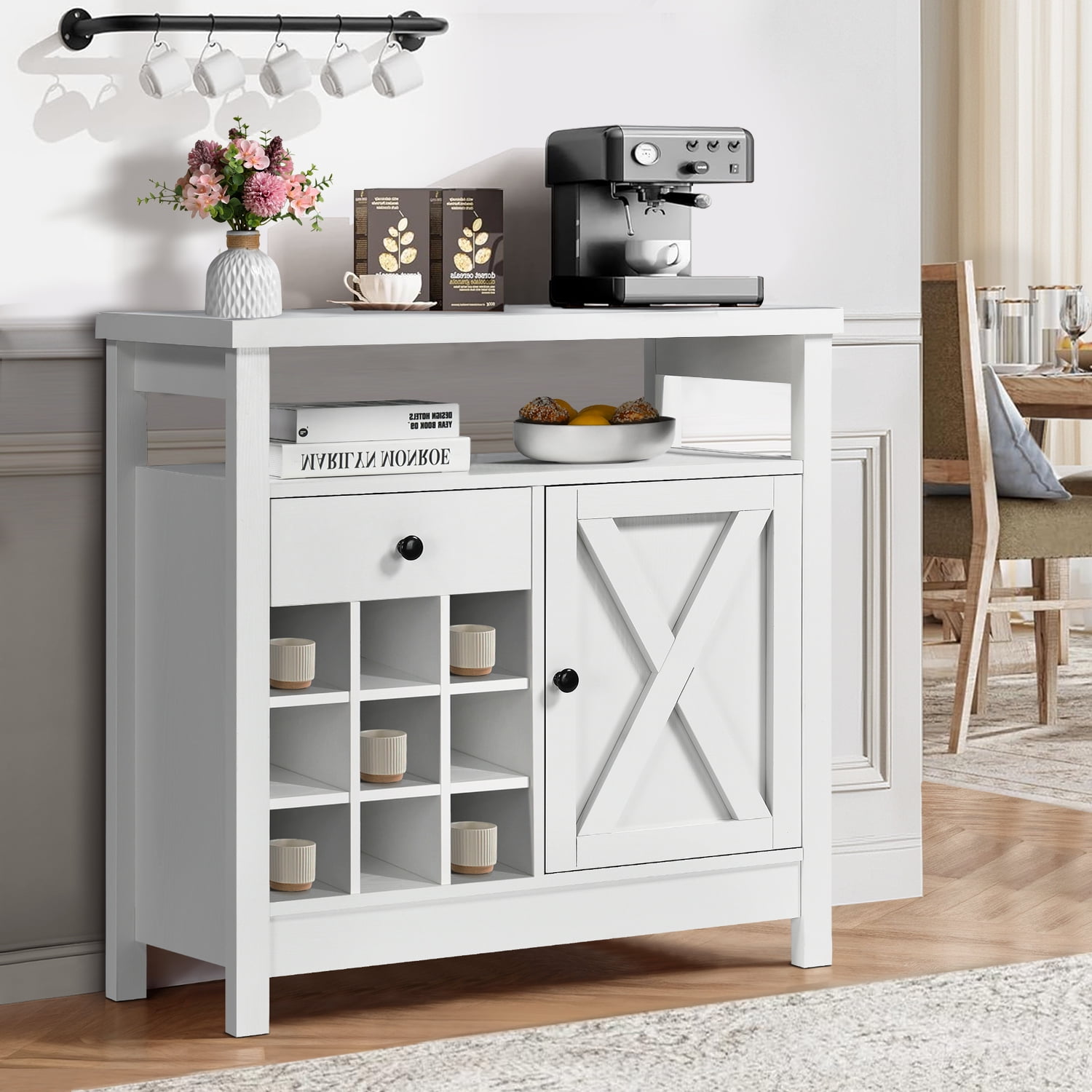 Catrimown Farmhouse Coffee Bar Cabinet Sideboard Buffet Storage Cabinet Wine Bar Cabinet with Wine Rack White
