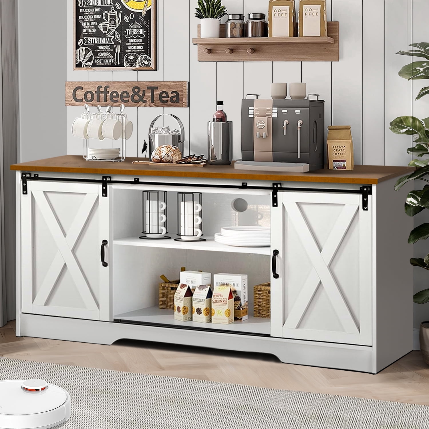 Catrimown Farmhouse Coffee Bar Cabinet with Storage, 58" Sideboard Buffet Cabinet with Storage, Sideboard Cabinet for Living Room, White
