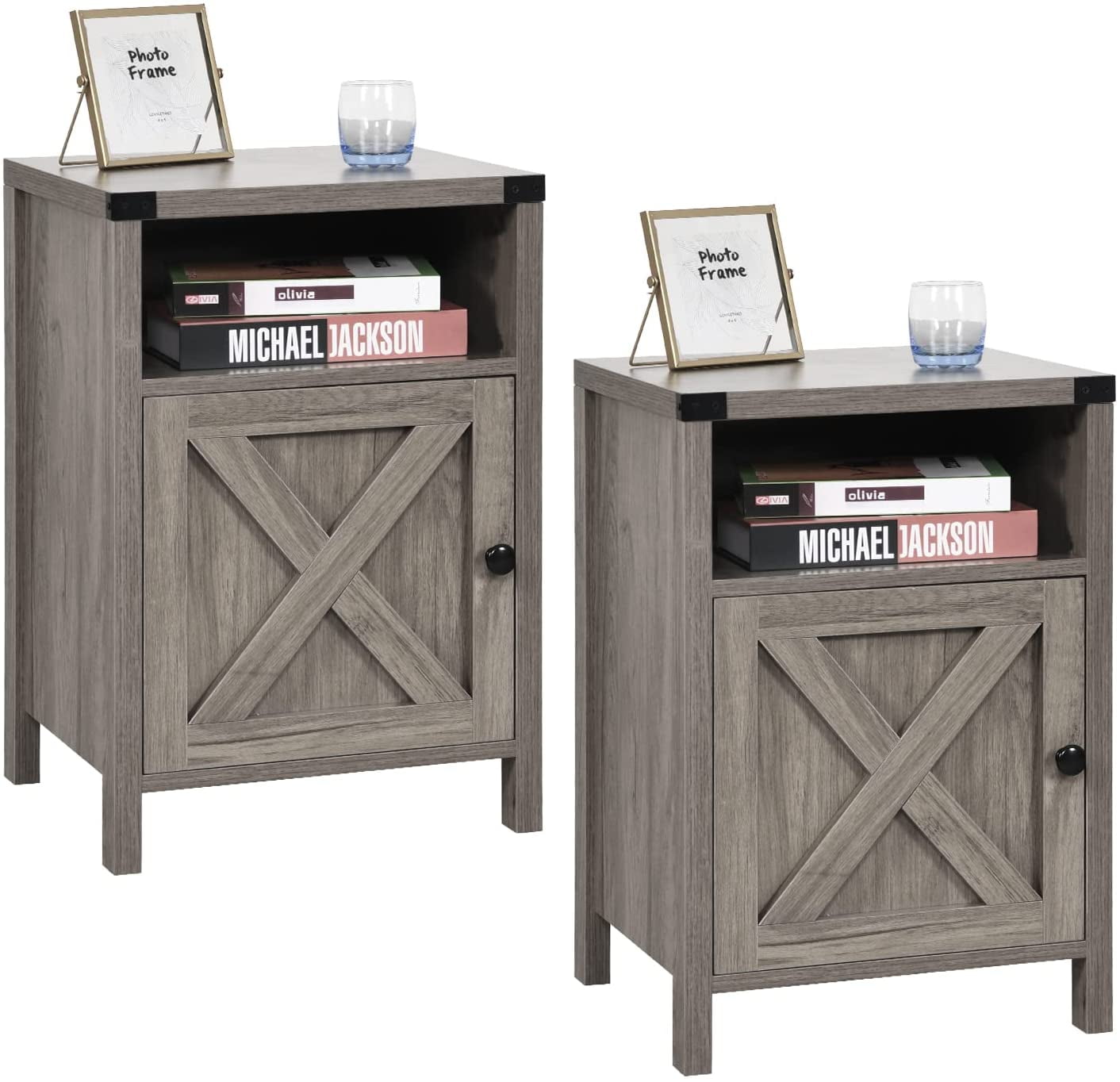 Catrimown Farmhouse End Table for Living Room Set of 2, Side Table Nightstand for Living Room Bedroom, Gray