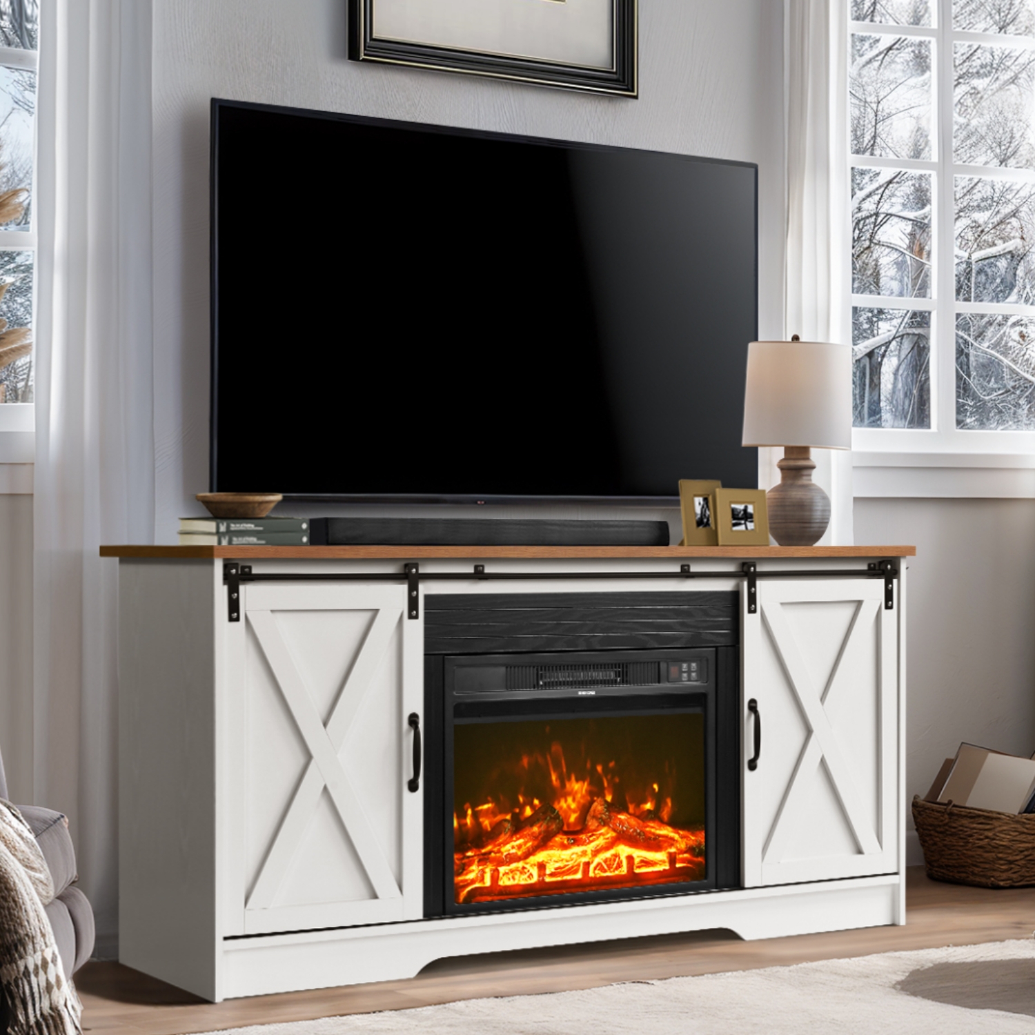 Manor Park Farmhouse Fireplace TV Stand for TVs up to 80", Grey Wash
