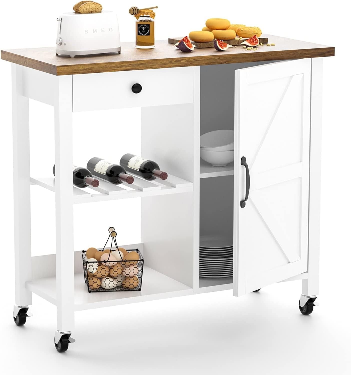 Catrimown Farmhouse Kitchen Cart, Rolling Kitchen Cart  with Storage, Microwave Stand Coffee Cart, White