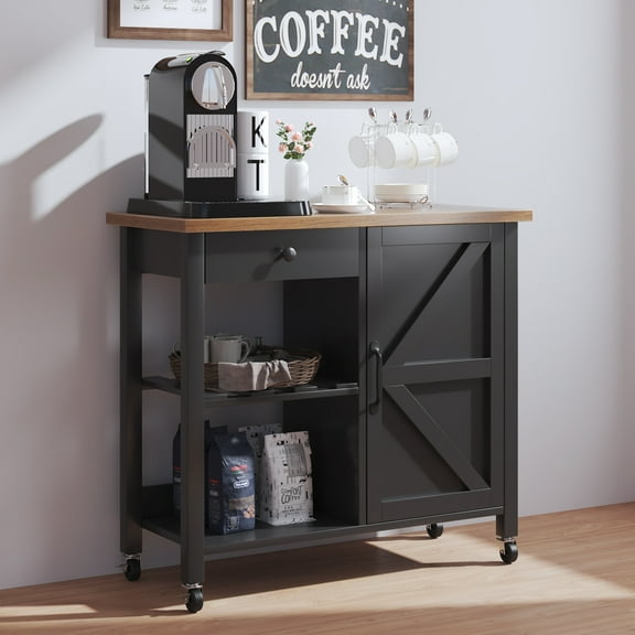 Catrimown Farmhouse Kitchen Cart with Storage, Rolling Kitchen Cart on Wheels, Microwave Stand Coffee Cart, Black