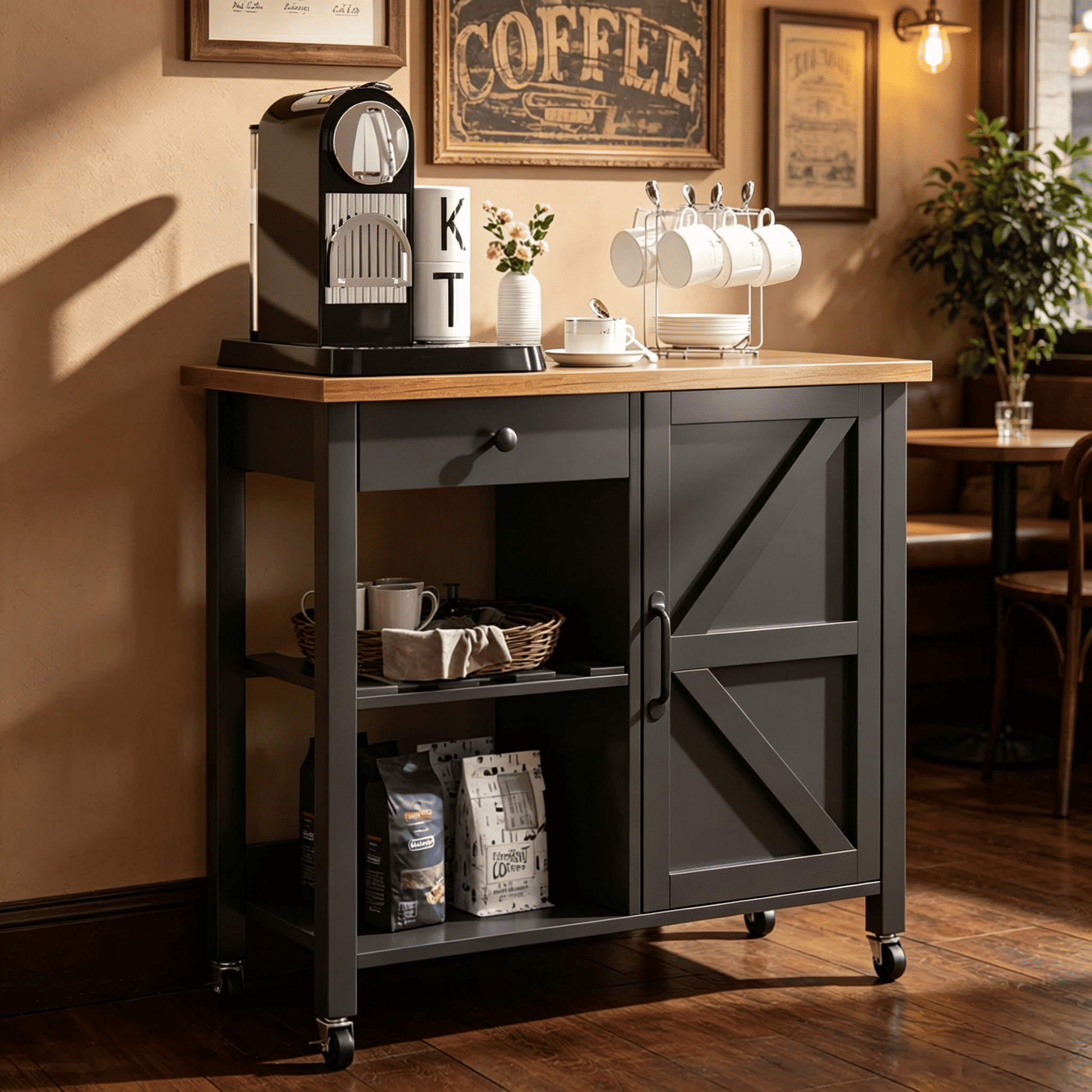 Catrimown Farmhouse Kitchen Cart with Storage, Rolling Kitchen Cart on Wheels, Microwave Stand Coffee Cart, Black