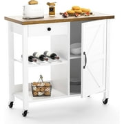 Catrimown Farmhouse Kitchen Island Cart on Wheels, Rolling Kitchen Cart with Storage, Microwave Stand Coffee Cart, White