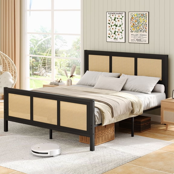 Catrimown Full Bed Frame, Full Size Bed Frame with Natural Rattan Headboard and Footboard, Rattan Bed Frame for Bedroom, No Box Spring Needed, Black