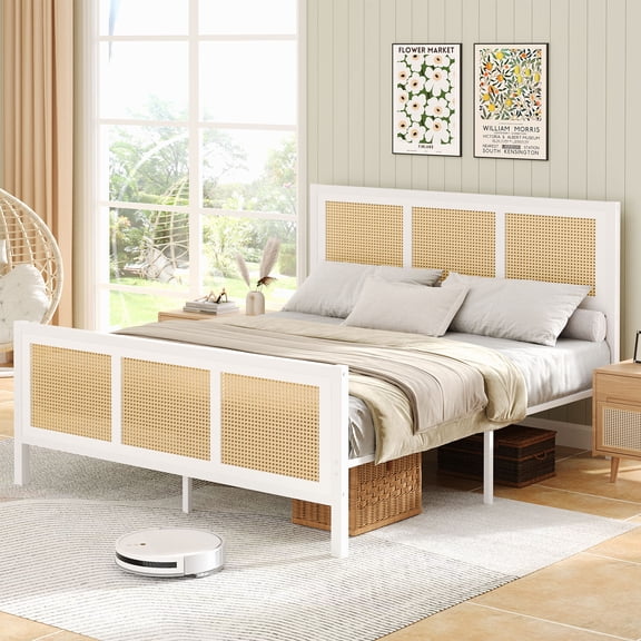 Catrimown Full Bed Frame, Full Size Bed Frame with Natural Rattan Headboard and Footboard, Rattan Bed Frame for Bedroom, No Box Spring Needed, White