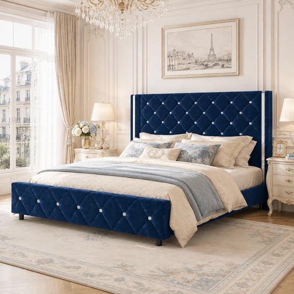 Catrimown Full Bed Frame, Velvet Upholstered Platform Bed Frame with Diamond Tufted Headboard and Wingback, Blue, No Box Spring Needed
