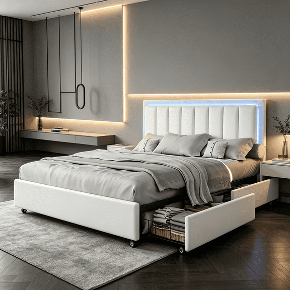 Catrimown Full Bed Frame with Storage Drawers, Upholstered Bed Frame with LED Light Headboard, Faux Leather, No Box Spring Needed, White