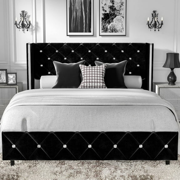 Catrimown Full Size Bed Frame, Upholstered Platform Bed Frame with Wingback Diamond Tufted Headboard, Black