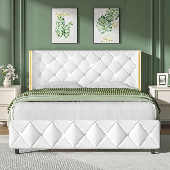 Catrimown Full Size Bed Frame, Upholstered Platform Bed Frame with Wingback Headboard, Beige