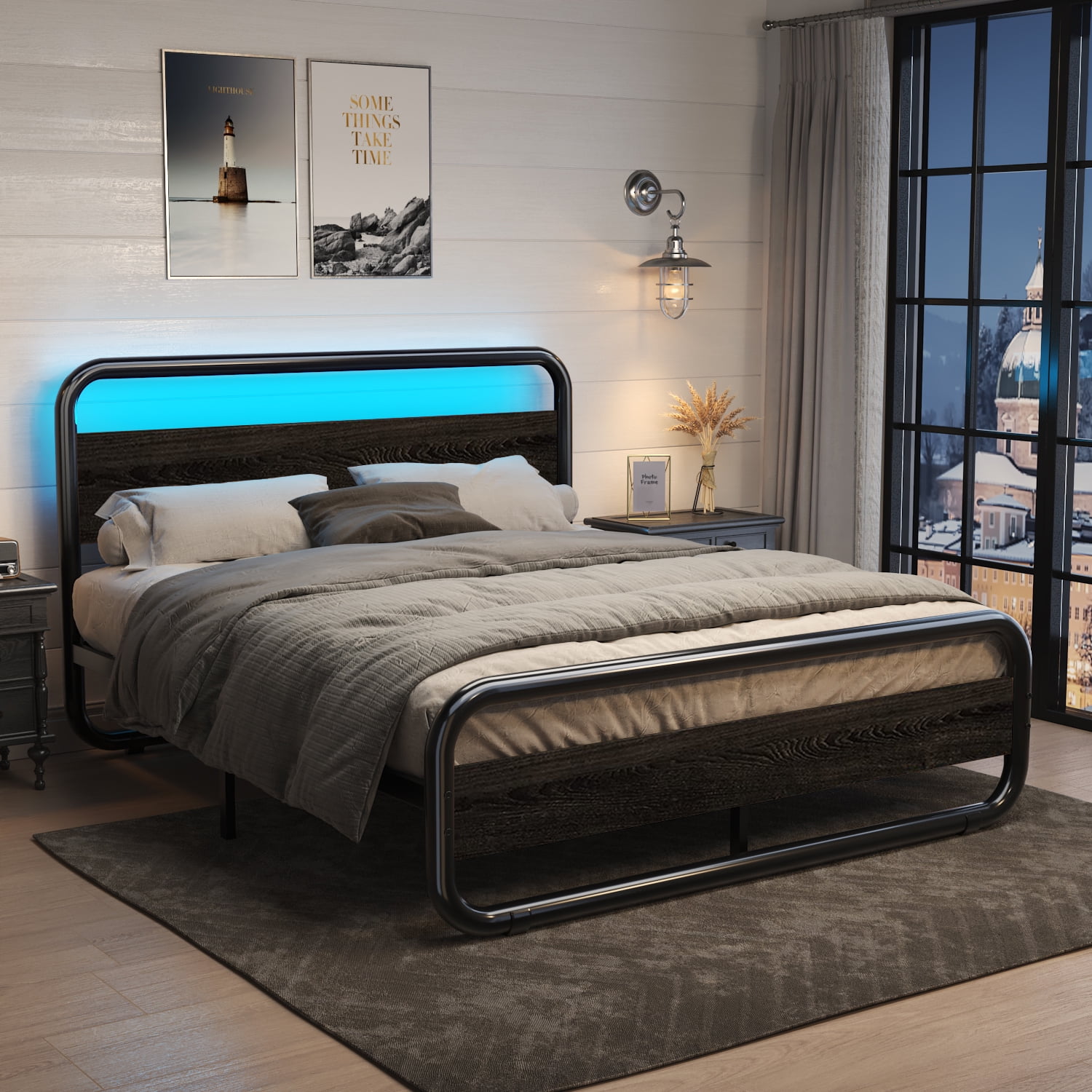 Catrimown Queen Size Bed Frame with LED Light Headboard, Metal Platform Bed with Wooden Headboard, Rustic Brown