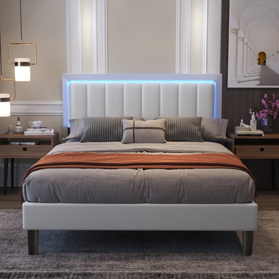 Catrimown Full Size Led Bed Frame, Upholstered Modern Bed Frame with with Faux Leather Headboard, No Box Spring Needed, White
