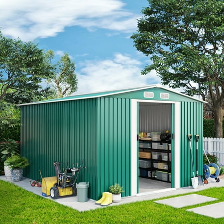 Catrimown Galvanized Steel Outdoor Storage Shed with Lockable Sliding Door, 8' x 10' x 6', Green