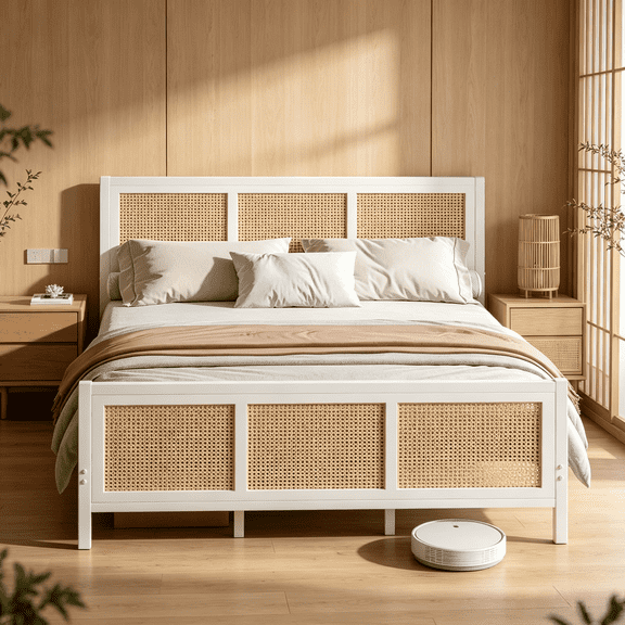 Catrimown King Bed Frame, Queen Size Bed Frame with Natural Rattan Headboard and Footboard, Rattan Bed Frame for Bedroom, No Box Spring Needed, White