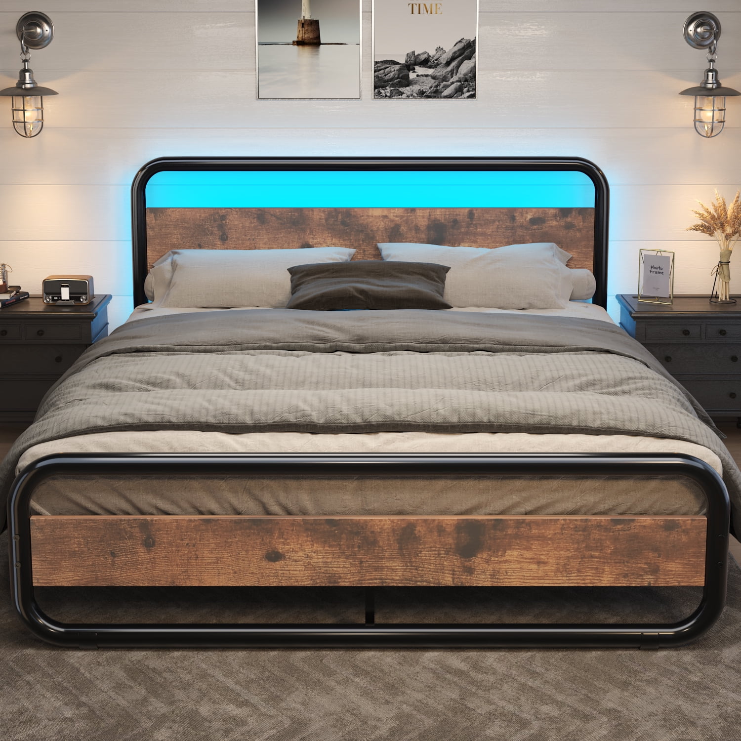 Catrimown King Bed Frame, Rustic Platform Bed Frame King with LED